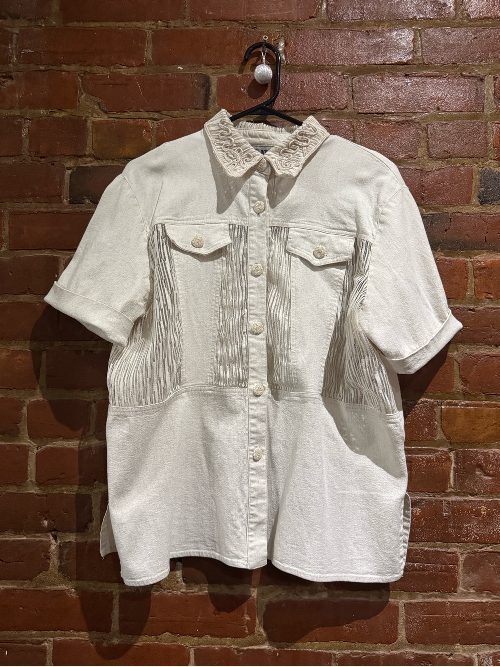Cream Short-Sleeve Button-Up Blouse with Textured Panels